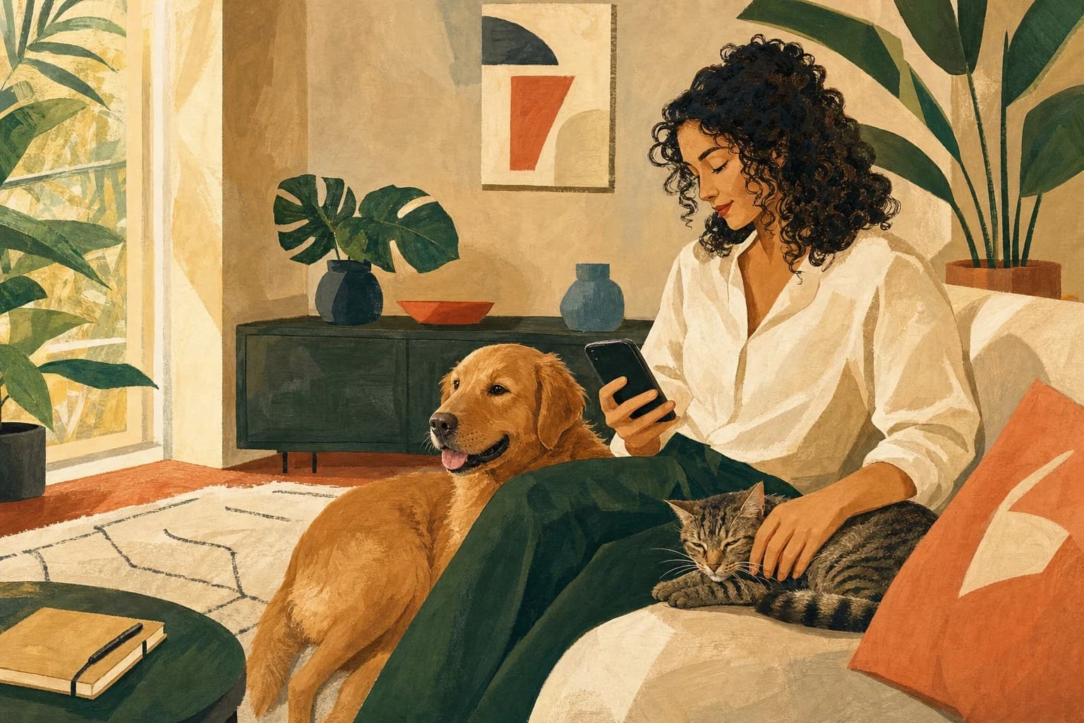 Ilustração em guache de uma mulher usando o celular em casa ao lado de um cachorro caramelo e um gato